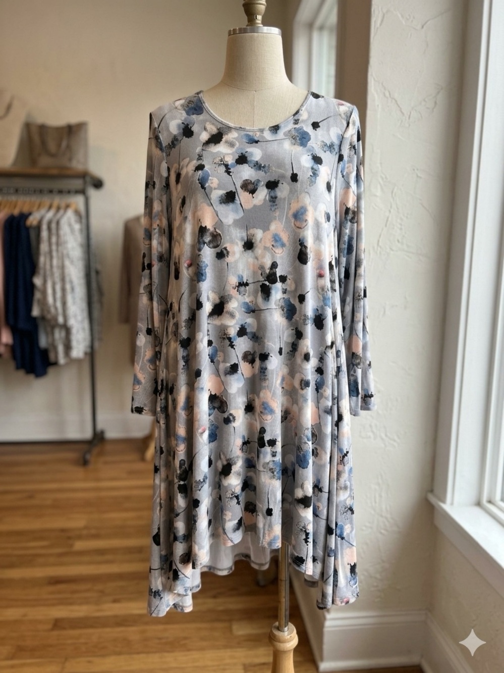 Context Abstract Watercolor Swing Dress in Light Gray, Blue and Blush